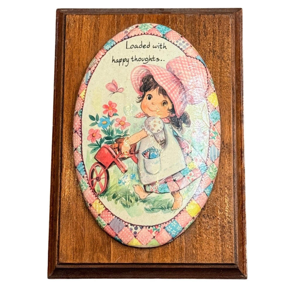 Vintage Holly Hobbie Style Wood Wall Plaque Girl Flowers Pink 8x5.5 Wood 1970s